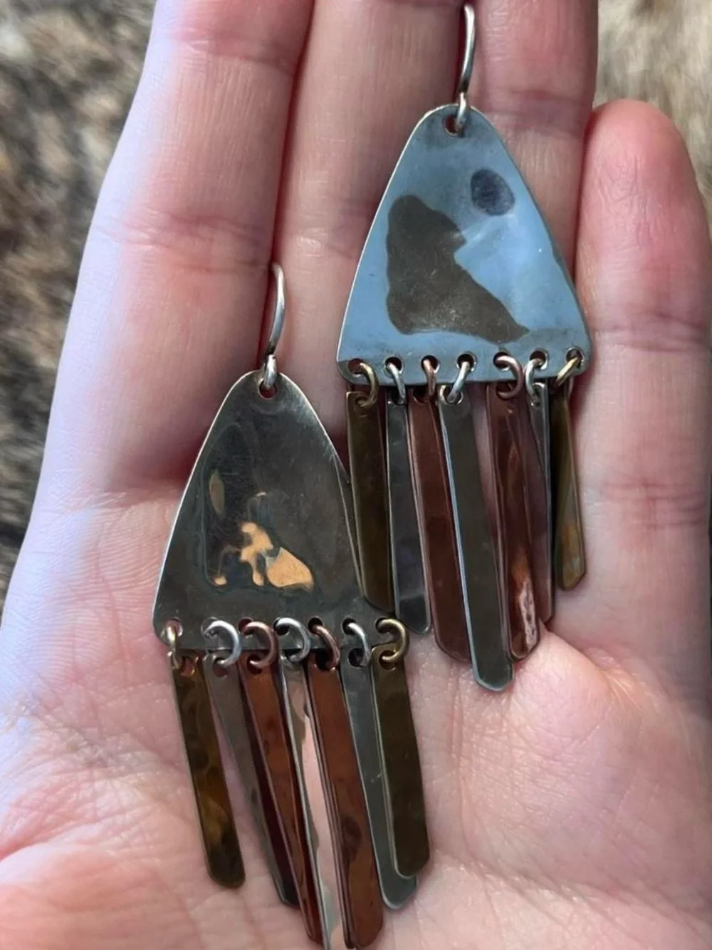 Sterling silver, copper and brass Robert Lee Morris brutalist fringe earrings